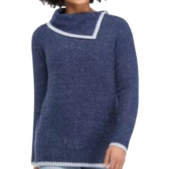 crown & ivy Dark Blue Holiday Sweater Metallic Silver Trim Knotch Cowl Neck - Picture 1 of 16